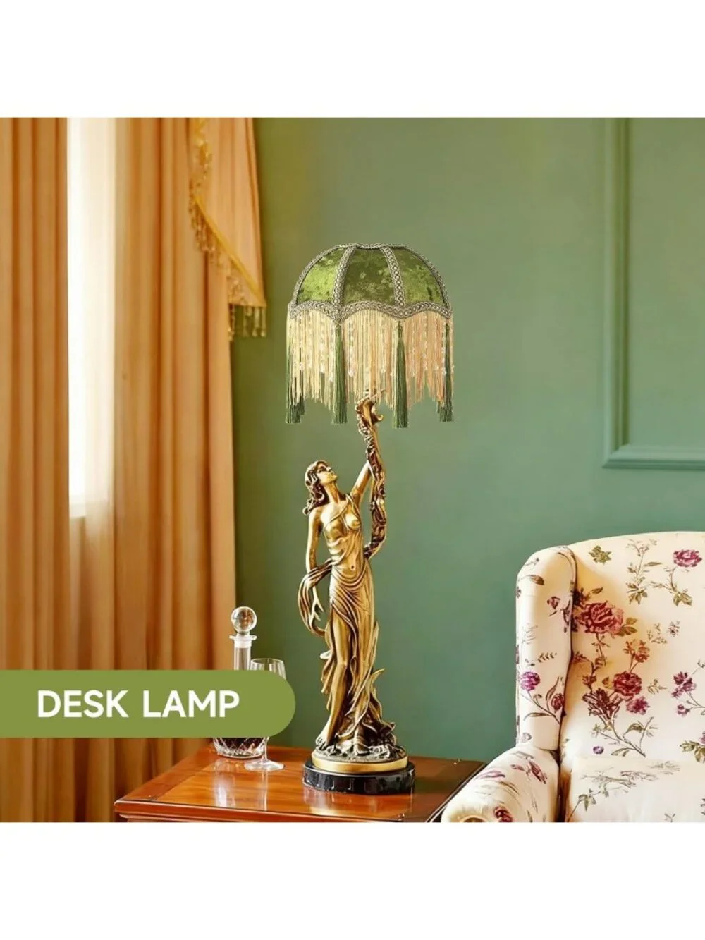 Victorian Style Bell Lampshade with Tassels, Velvet Top, Olive Green, 9.8” Width